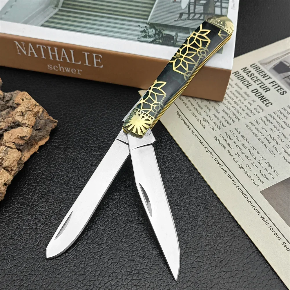 Folding Pocket Knife 440C Two Blades Brass+Color Resin Handle Outdoor Camping Hiking Knife EDC Survival Hunting Cutting Tool
