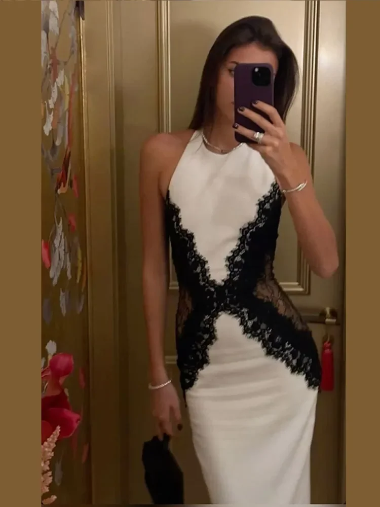 Sexy Spitze Patchwork Kontrast Maxi Kleid Frauen Chic Halfter Ärmellose Off Schulter Durchsichtig Robe Sommer Dame Dinner-Party Tragen
