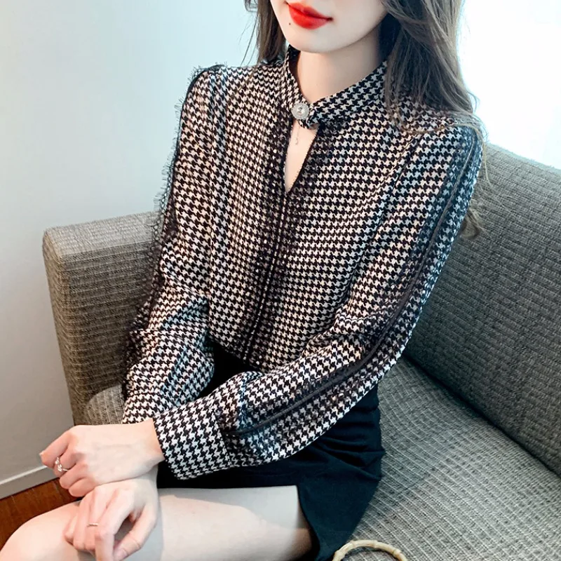 High-End Women's Plaid Chiffon irt Long Sve Commute Sle Korean Version Straight Cut Single Piece Autumn Faion 2023