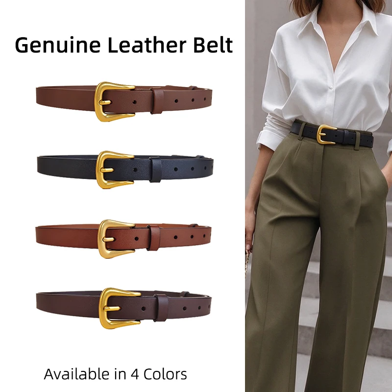 Womens Statement Belt Black Cowhide 2.3cm Gold Buckle for High Waisted Pleated Trousers Button Shirt Smart Casual Wear
