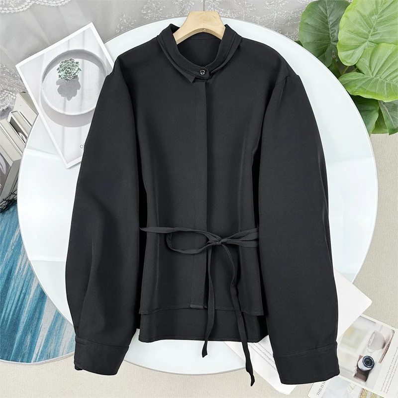 

Elegant Black Acetate Shirt Women's Slimming Belted Commute Design Korean Style Long Sleeve Batwing Sleeve Autumn Fashion