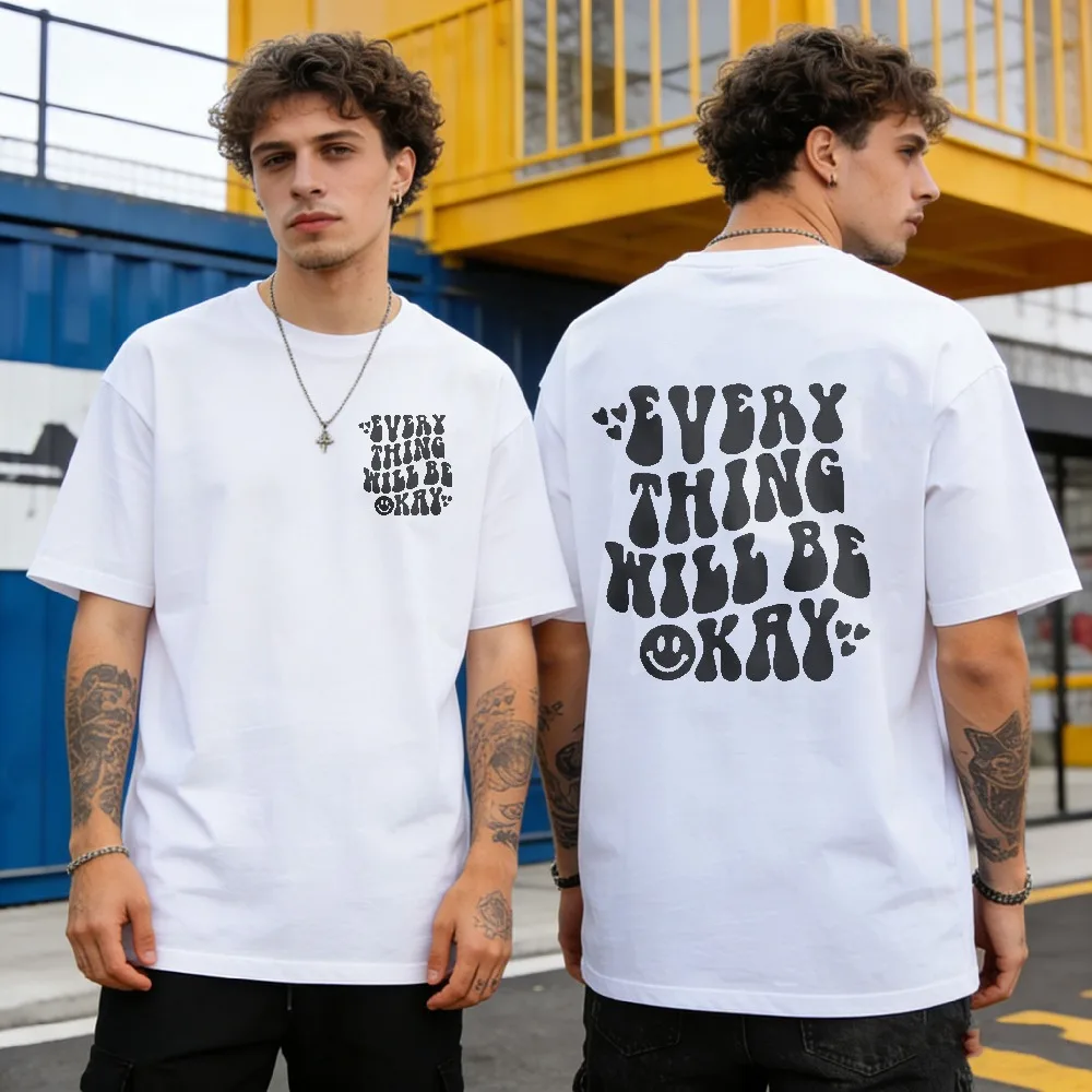 Everything Will Be Okay Oversized Crew Neck Short Sleeve Ring Smiley Typography Design Adult Streetwear Tee Summer Cotton Tee