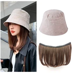 NOOFNO-Peluca de sombrero con pelo para mujer, sombrero con pelo atado, cubo fino con peluca, extensiones de cabello Bob largas, peluca de gorro para verano, Beige