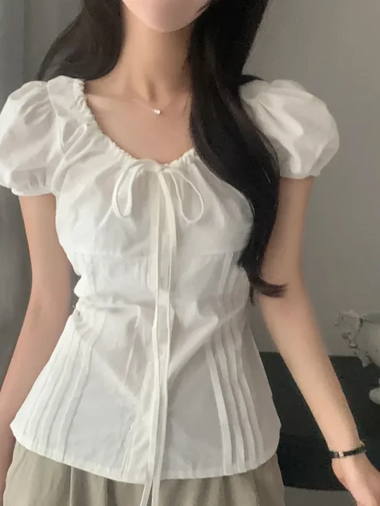 

Chic Fashionable Bow-Tied White Shirt Women's Miniature Cute Stylish Top Korean Style Slim Fit Bubble Sleeve Regular Le...