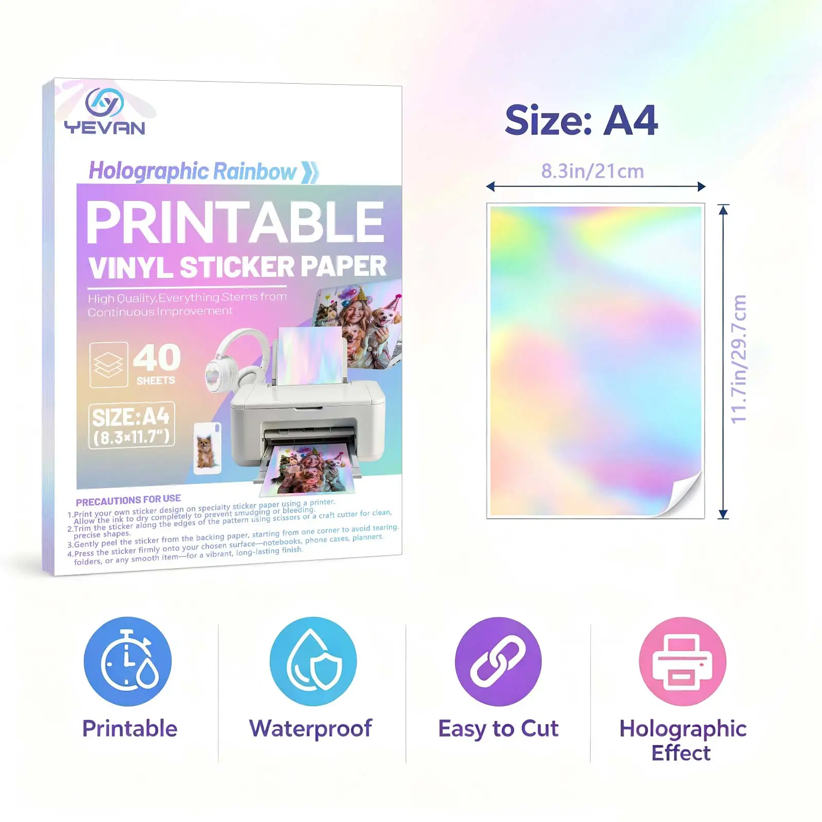 YEVAN 40 Sheets Rainbow Vinyl Sticker Papers, A4 Holographic Decals For Inkjet Printers, Waterproof for DIY Journal Decoration,
