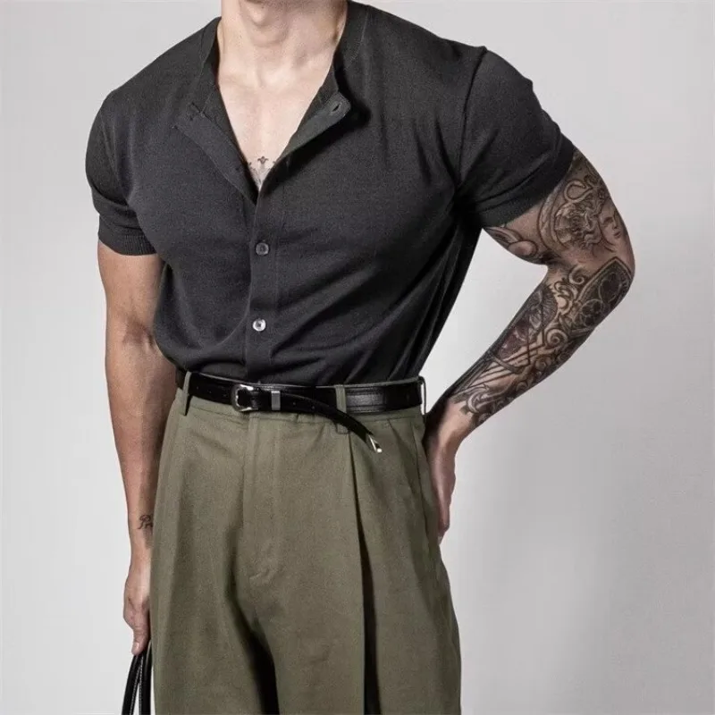 Luxury Brand Men Knitted Cardigan Short Sleeve Summer Thin Single-breasted Knit Sweater Breathable Ice Silk T-shirt Outerwear