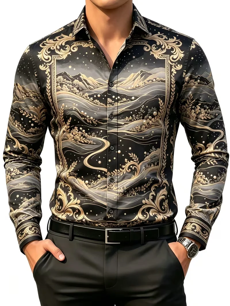 New Autumn Pumpkin Red Wine Retro 3D Printed Pattern Long Sleeve Shirt for Halloween Men's Slim Fit Shirt