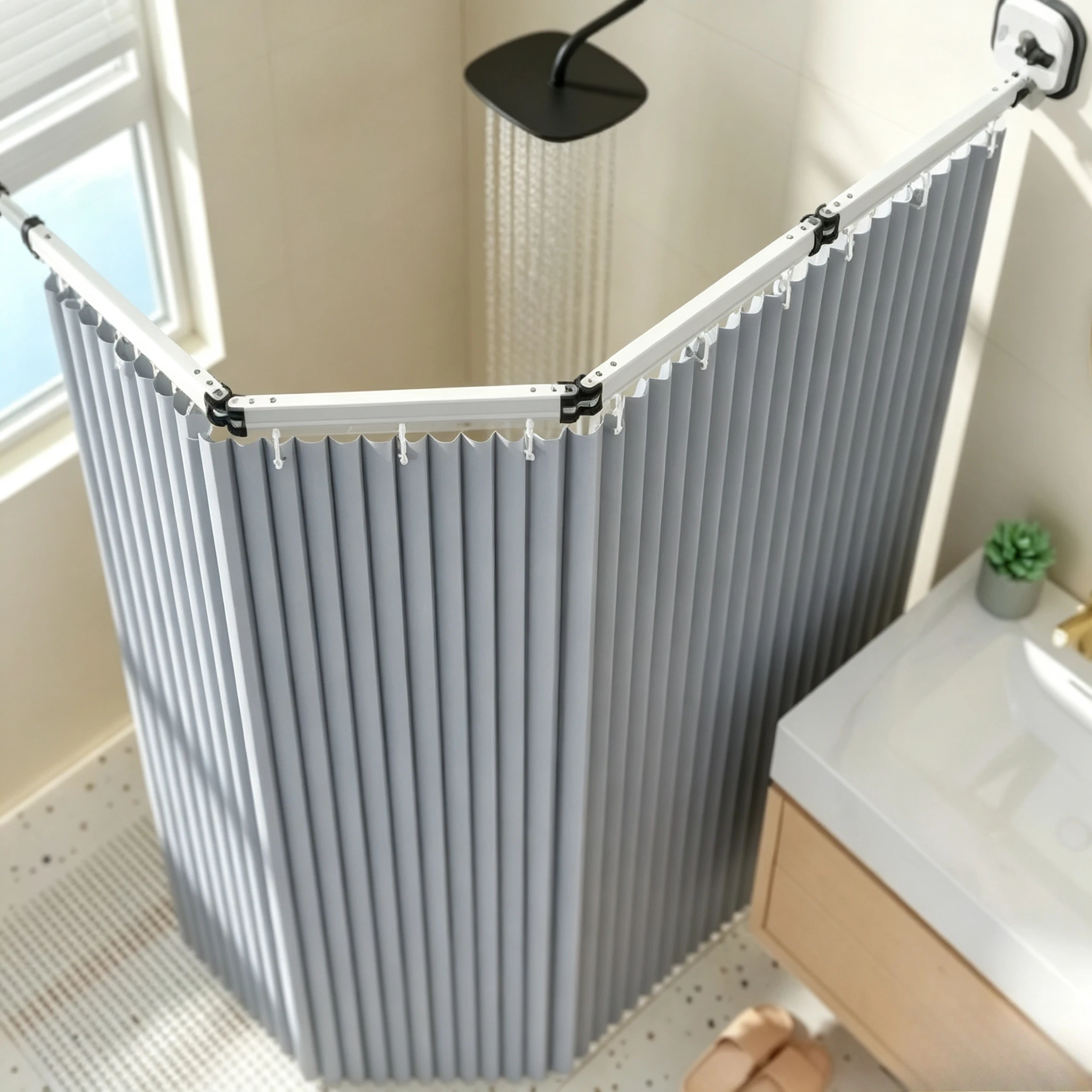 Foldable Shower Curtain Set - Magnetic Waterproof Bathroom Partition, No Drill Tension Rod for Wet/Dry Separation Privacy