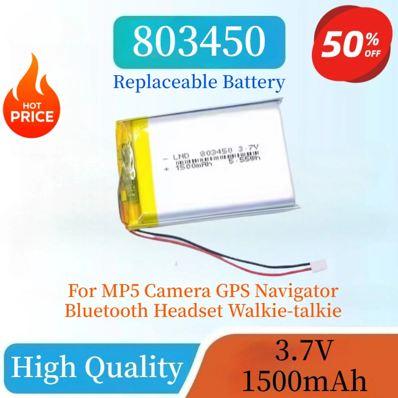 

Brand New 803450 Replaceable Lithium Polymer Battery 3.7V 1500mAh for MP5 Camera GPS Navigator Bluetooth Headset Walkie-talkie