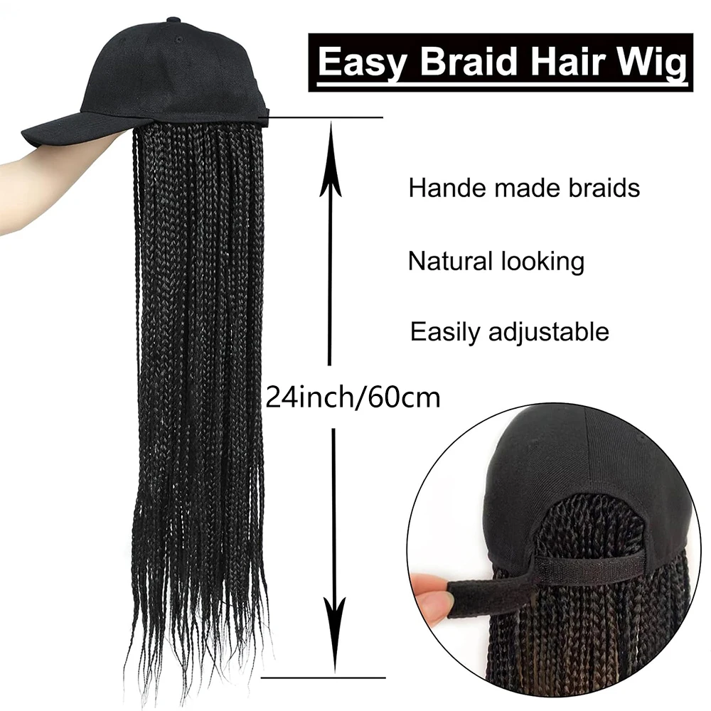 วิกผมทรงหมวกเบสบอล 24 นิ้ว แบบถักเปียกล่อง พร้อมหมวก ต่อผมสีออมเบร ผมสังเคราะห์ วิกผมทรงหมวกพร้อมผมถักเปียยาว