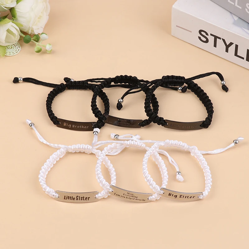 2Pcs Mom And Dad/Brother And Sister Bracelet Set Handmade Black White Braided Rope Bangles Family Jewelry Gifts