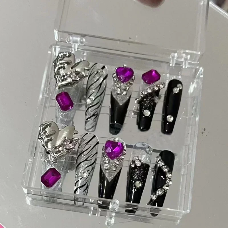 Handmade Y2K Long Coffin Press On Nails Pink Acrylic False Nails Tips Glitter Rhinestone Reusable Short Fake Nail With Glue Gift