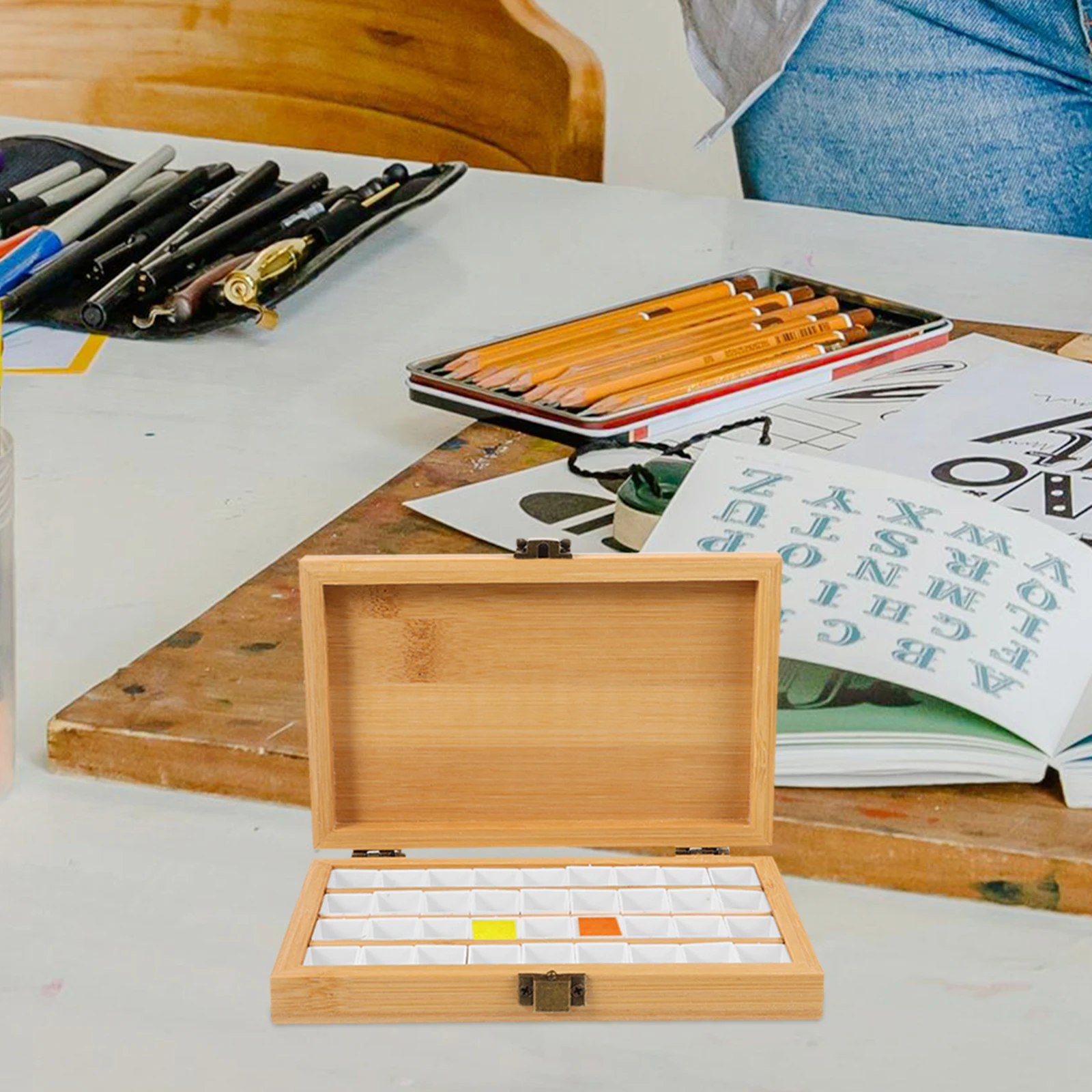 

Portable Watercolor Paint Box 36-Grid Bamboo Wood Pigment Holder for Artists Students Outdoor Supplies Color Mixing Palette