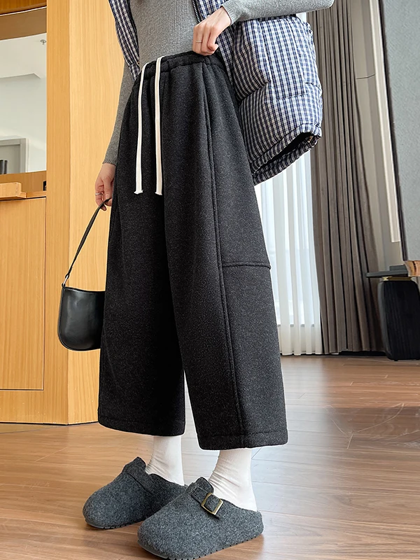 Damskie zimowe spodnie z szerokimi nogawkami, ocieplane polarem, codzienne, z wysokim stanem, prosty krój, mieszanka wełny, modne spodnie dla kobiet.