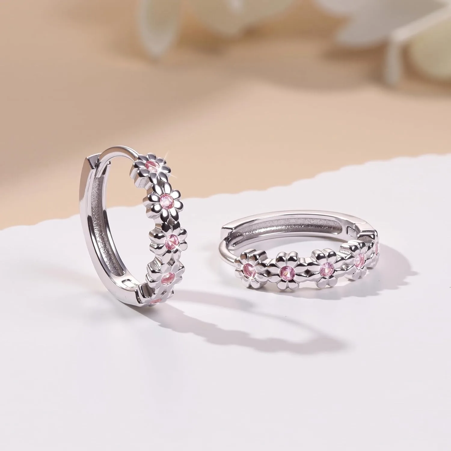 Fansilver 925 الاسترليني أقراط الحلقة الفضية للنساء ديزي هوجي هوب أقراط تمهيد الوردي مكعب زركونيا زهرة هيبوالرجينيك