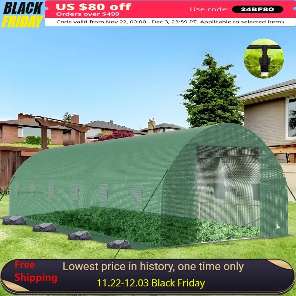 

25*10*6.6FT Garden Greenhouses with High Tunnel PE Cover & Irrigation Garden Sprinkler System, Walk-in Green House