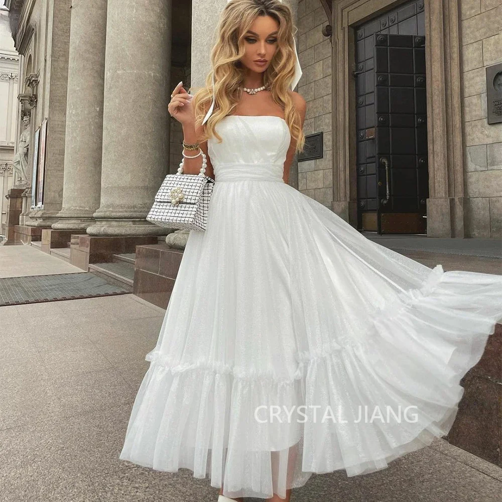 

Classy Long Strapless Glitter Tulle Wedding Dresses Sleeveless A Line Tea Length Vestido De Novia Custom Made for Women