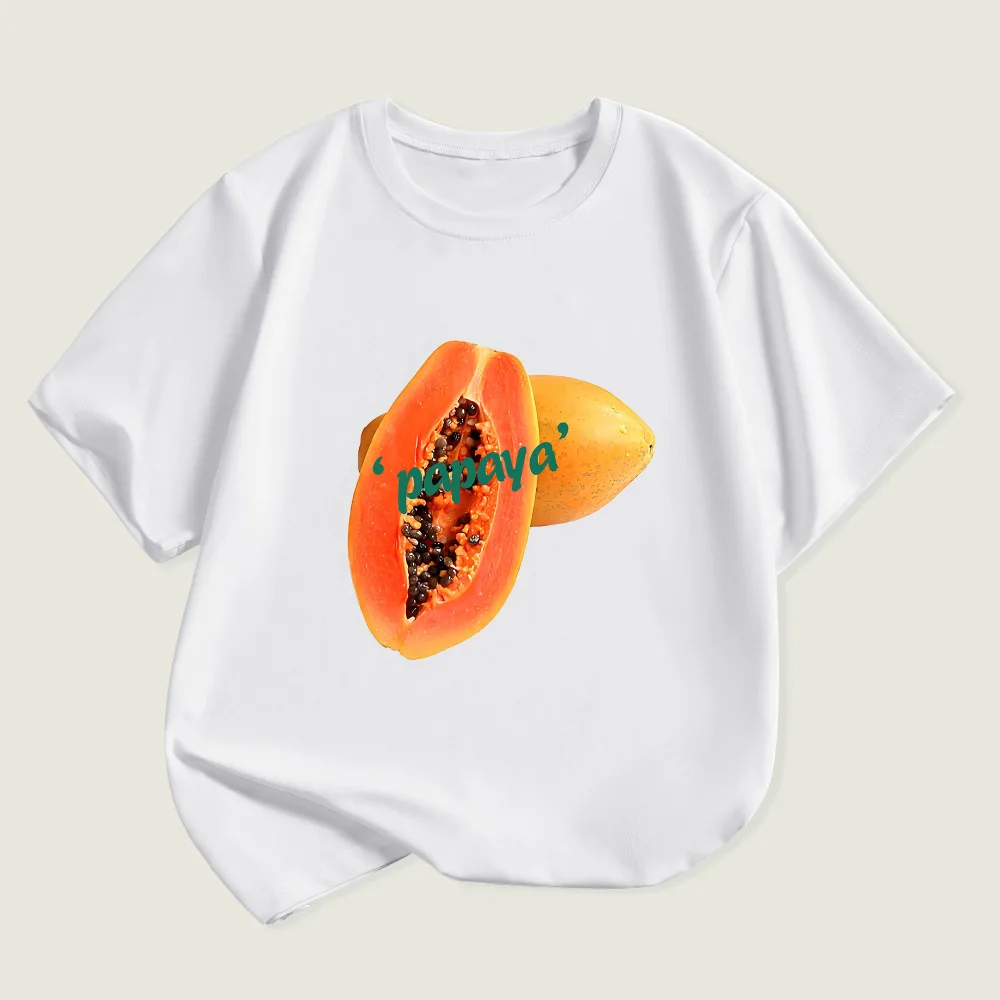 

New Summer Casual Short-sleeved T-shirt for Girls, Papaya Printed Round Neck, Comfortable Children's Clothing Polyester Fabric