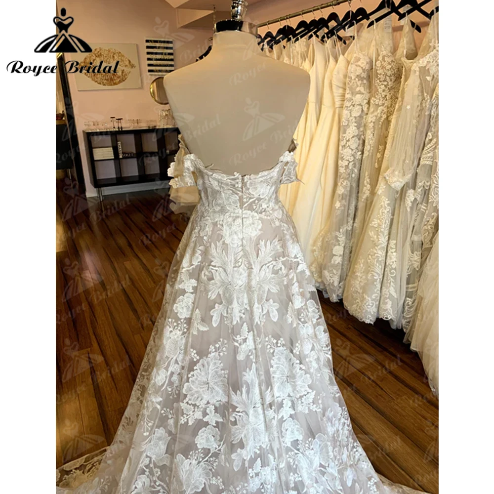 Roycebridal-vestido de novia de línea A, traje bohemio con tirantes, hombros descubiertos, apliques de encaje, elegante, hecho A medida