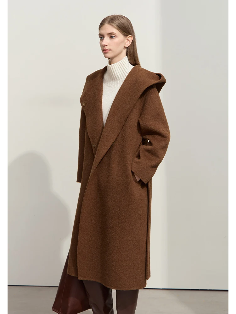 

AMII Minimalist Women's Camel Wool Coat Female 2025 Warm Winter Coat Female Hooded Loose Elegant Long Jacket With Belt 12444125