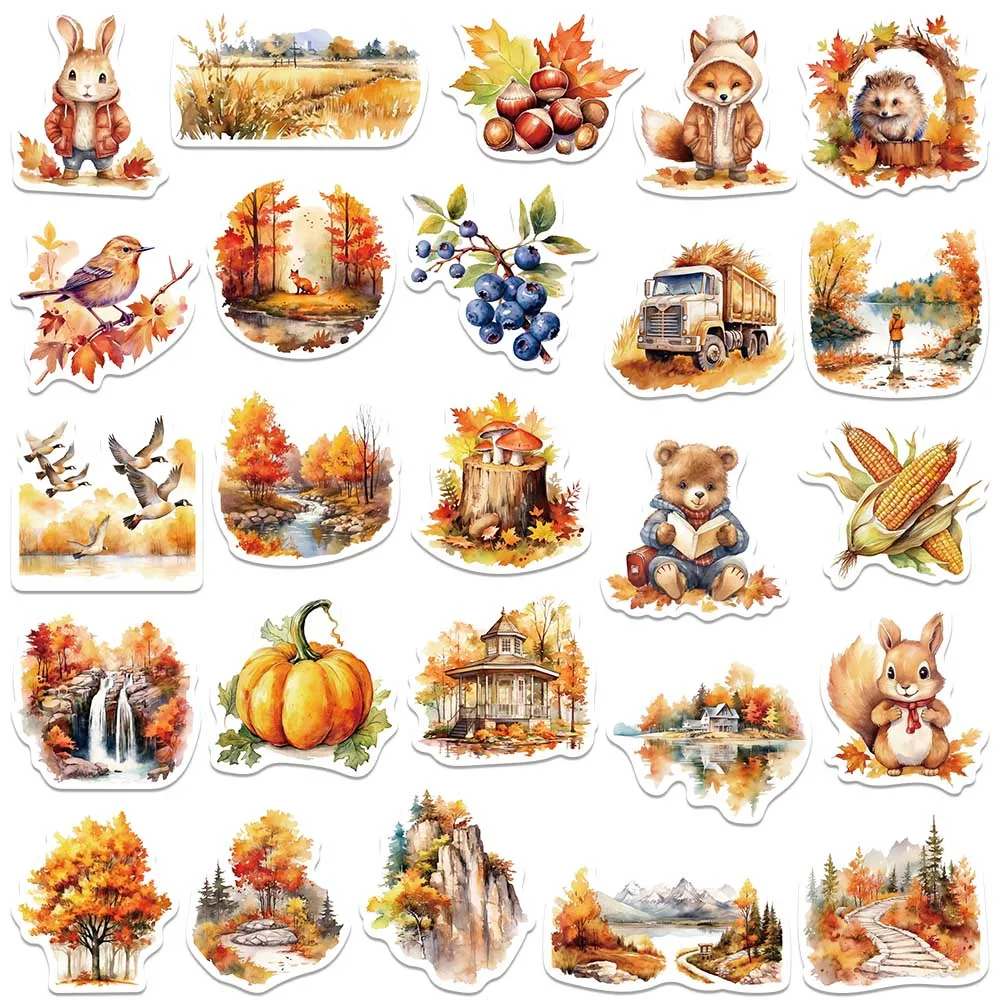 50pcs Waterproof Graffiti Cute Cartoon Autumn Animals Foods Stickers For Laptop Water Bottle Luggage Notebook Vinyl Decals