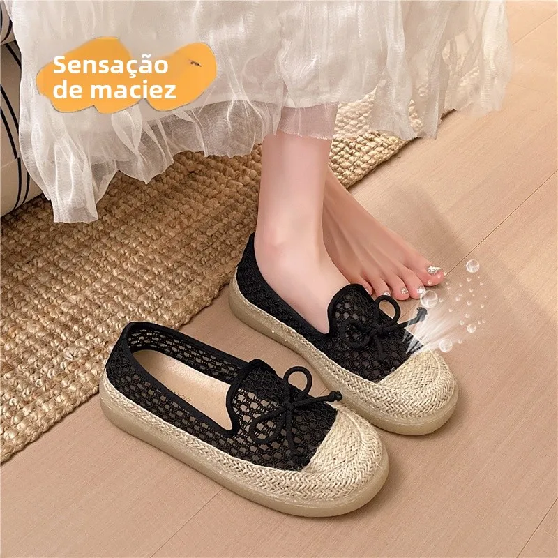 トレンドのレースメッシュフィッシングシューズ-レディース-スリッポン-通気性-フラットボトム-怠け者向け-スカートに合う-ネットシューズ-カジュアル-ラウンドトゥ