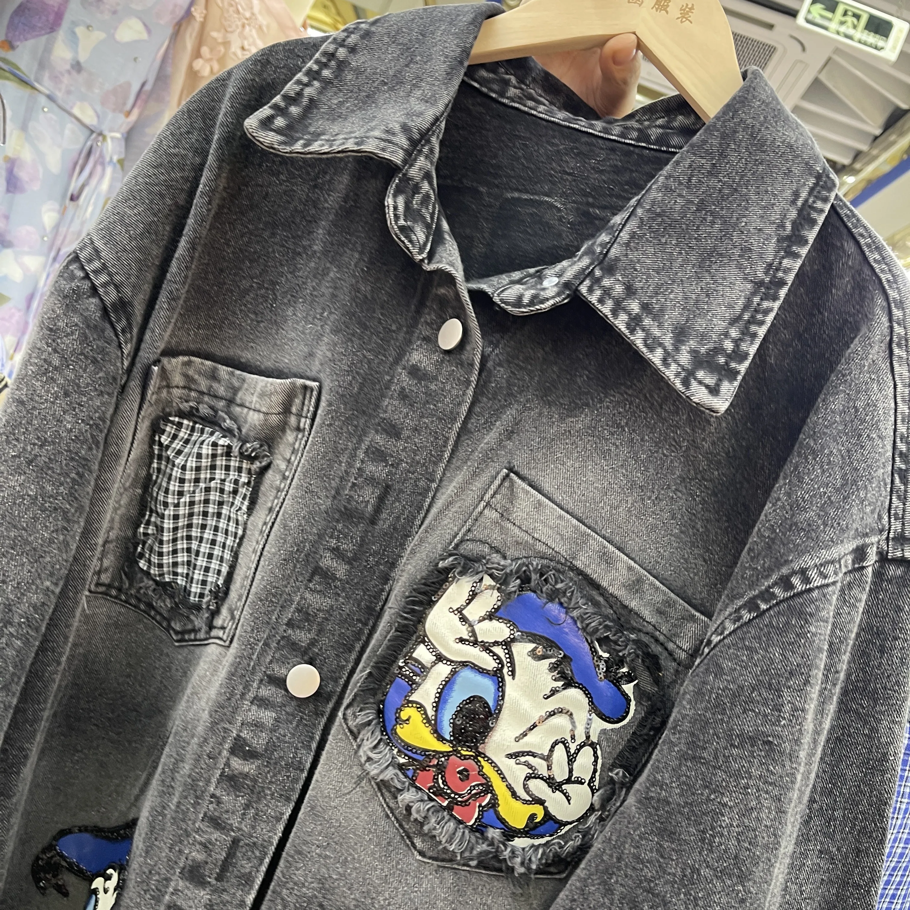 Heavy Industry Buttons Washed Thin American Style Cartoon Short Coat Drop Shoulder Sleeves Top Single-breasted Jacket Outerwear