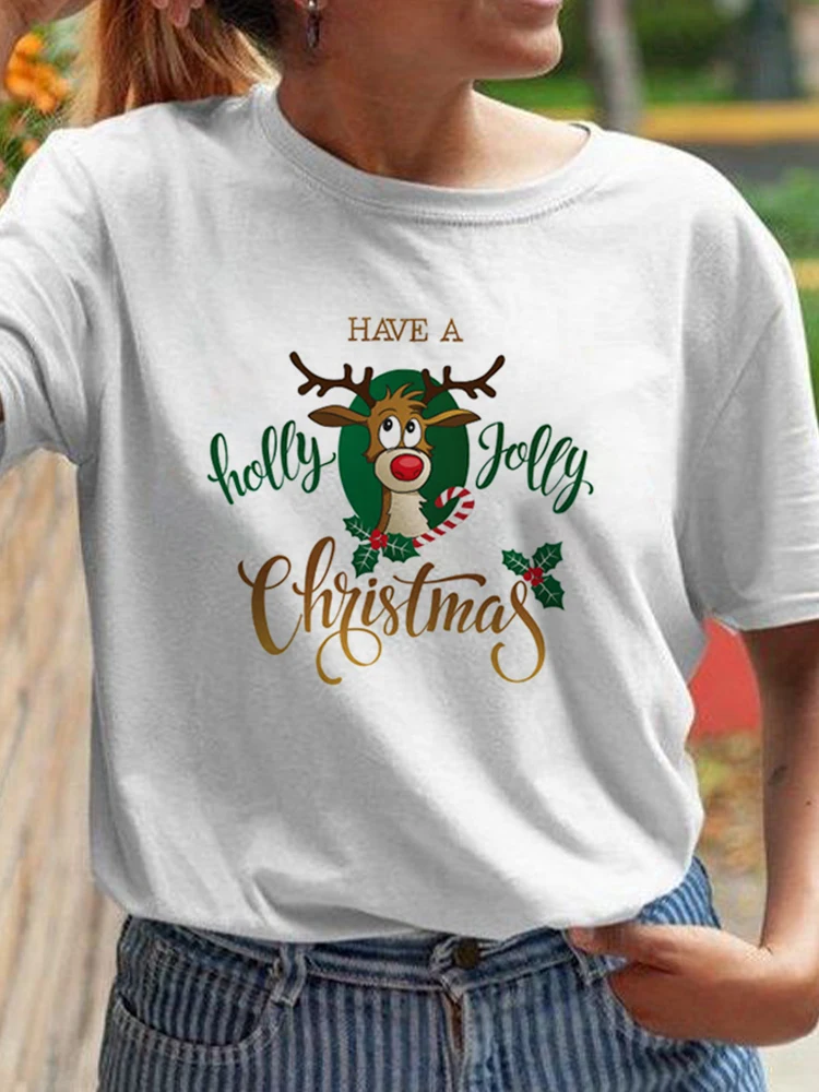 Women Merry Christmas Trend Style Women Top Snowman Print Women Gift New Year Print Short Sleeve Vacation Merry Christmas Woman