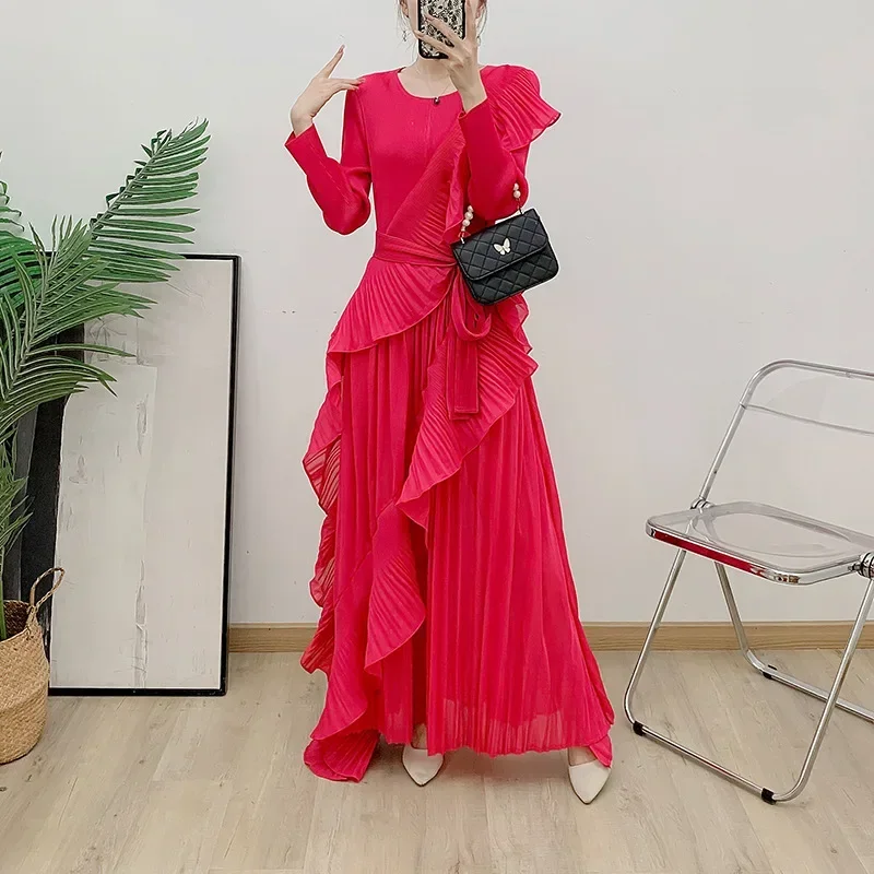 Miyake Pleated Ruffle Edge Long Dress 2024 Autumn New Solid Color Long Sleeve Dress Pleated Women\'s Dresses