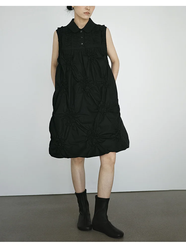 

Black Sleeveless Vest Dress Heavy Embroidery Gathering Wooden Ear Design Spring Summer Fashion High Waist Cotton Dress