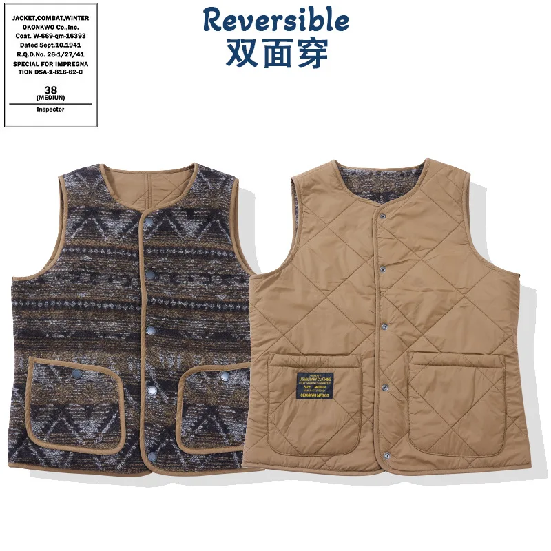 

Мужской двусторонний стеганый жилет с ромбовидной подкладкой Fair Isle и индейским узором на осень-зиму OKONKWO