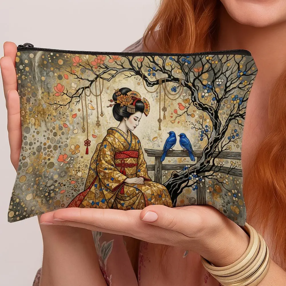 Traditional Japanese Ukiyo E Makeup Bag Gift Bag Geisha Kimono Blue Birds Cherry Blossom Tree Vintage Stylish Toiletry Bag