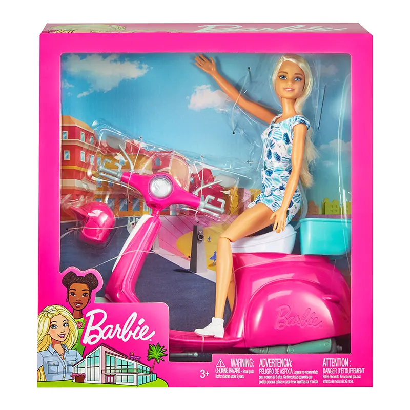 Lalka Barbie Blonde i różowa hulajnoga Vespa z zestawem kasków Zabawki do zabawy GBK85 dla dziewczynek Prezent świąteczny