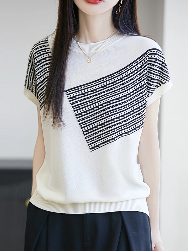 夏用ルーズフィットストライプTシャツ レディース ニット ラウンドネック ニットベースレイヤー スプライスカラー 通勤 スタイル