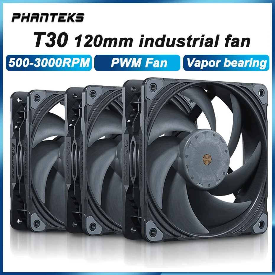 Phanteks T30 120mm Industrial Grade High Wind Pressure Cooling Fan 4Pin PWM 3000 RPM Vapo Bearing PC Silent Case Fan