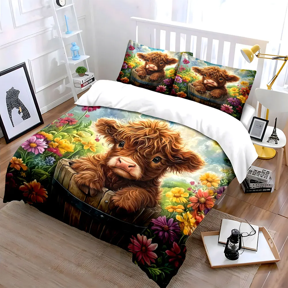 Fluffy calf in barrel surrounded by flowers Pattern Duvet Cover Set Digital Print Colorful Polyester Bedding with Zipper Closur