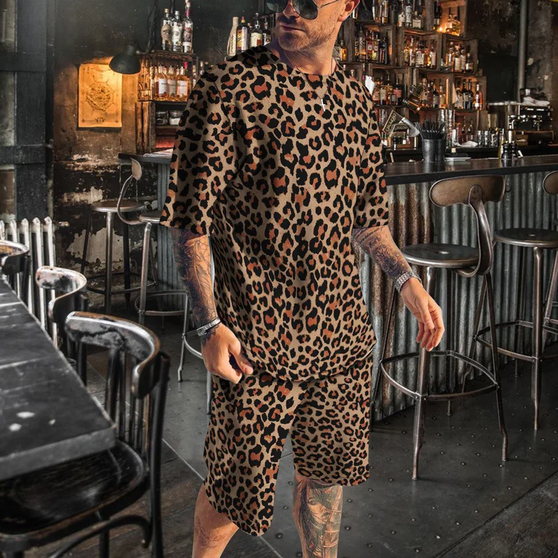 Impressão de leopardo camiseta nova moda de verão dos homens streetwear esportes manga curta t camisa + shorts 2 pçs define treino masculino jogging