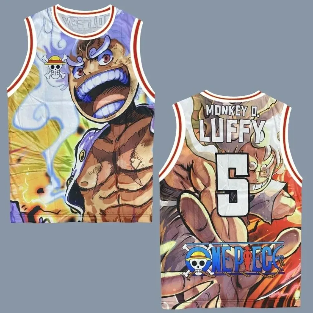 Chaleco de Baloncesto Deportivo Urbano de One Piece King Luffy Quinto Nivel, Chaleco de Manga Corta Holgado y Casual de Moda para Hombre y Mujer