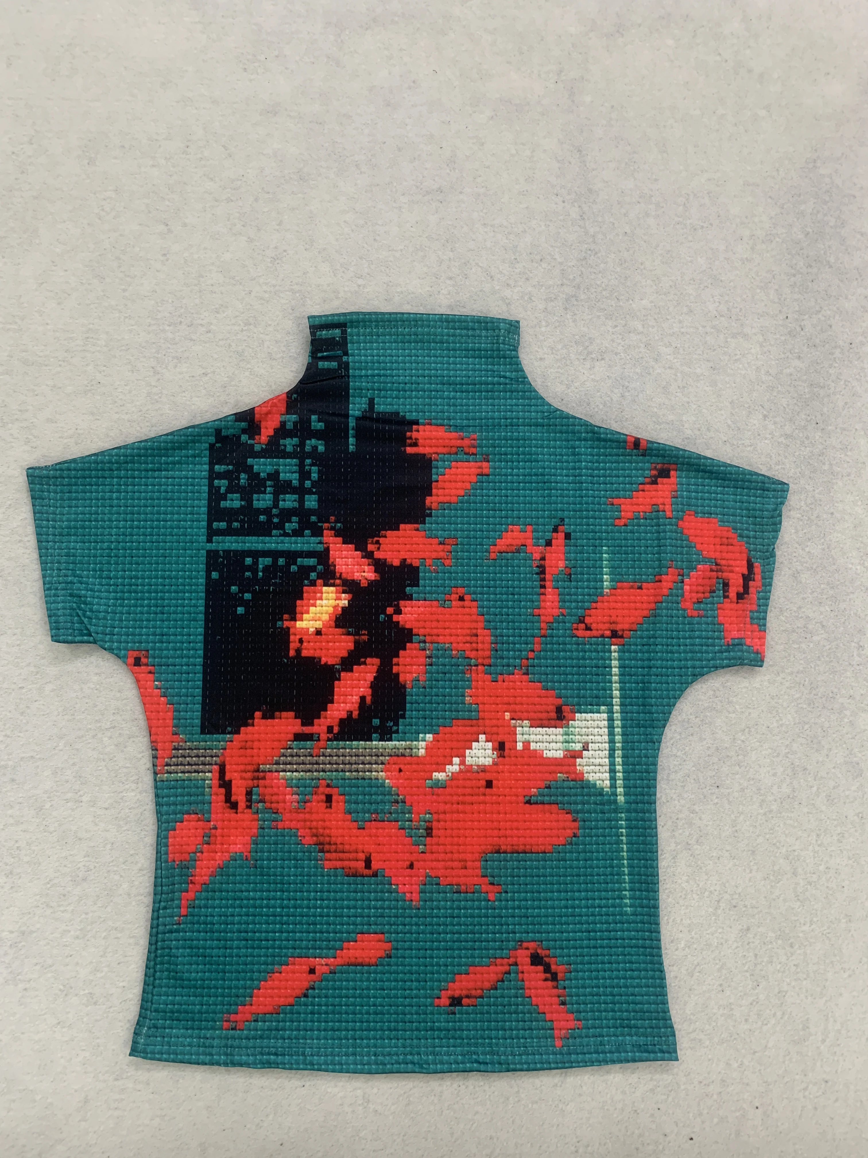 Retro INS Sommer Damen Hochgeschlossenes Neues Sommer-Waffel-Print-Top Orientalisches Koi Kurzarm-T-Shirt – Detail 2