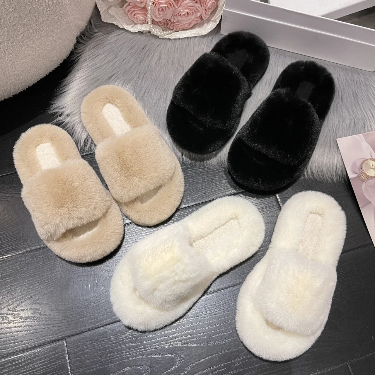 Winter Women House Furry Slippers Faux Fur Keep Warm Cotton Shoes For Home Women Flats Female Black Plush Indoor Slides