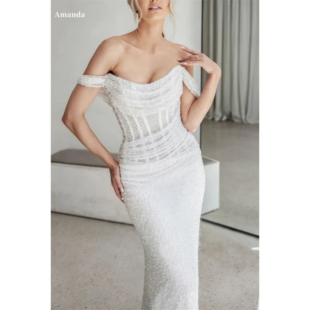 Amanda White Off the Shoulder فساتين سهرة  Mermaid Shiny Sequins vestidos de fiesta Elegant Sleeveless Long Train Porm Dresses