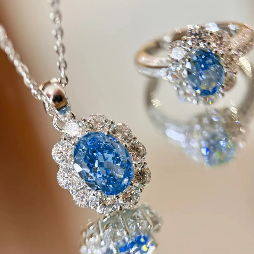 

925 Sterling Silver Atmospheric Versatile Pendant Necklace for Women, Cluster Zircon Ring, Light Luxury Colored Jewelry Set