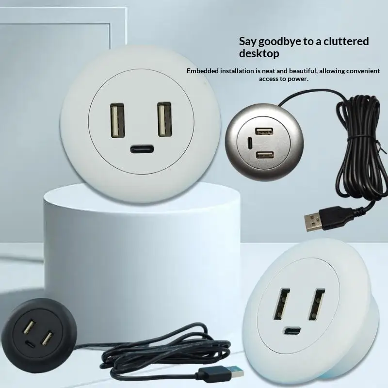 1Pc Type-C USB Charger 3 In 1 Splitter Desktop Hole Embedded USB Hub For Laptop PC Mobile Phone Charging Furniture Office Socke.