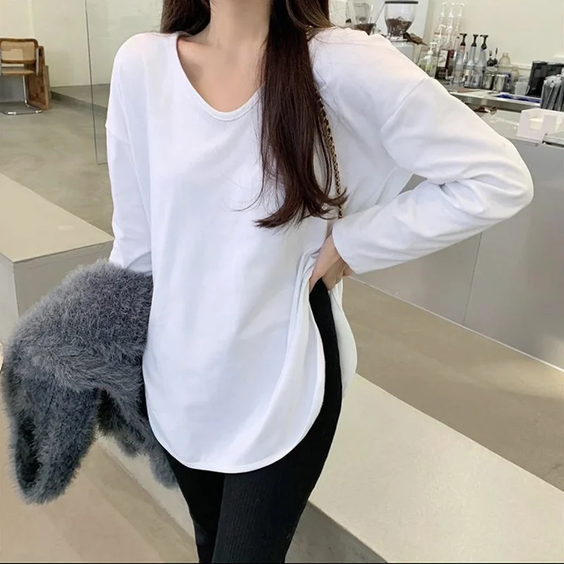 Temperamento em forma de u colarinho algodão camiseta fenda hem manga comprida comprimento médio topo feminino primavera outono solto sólido básico t