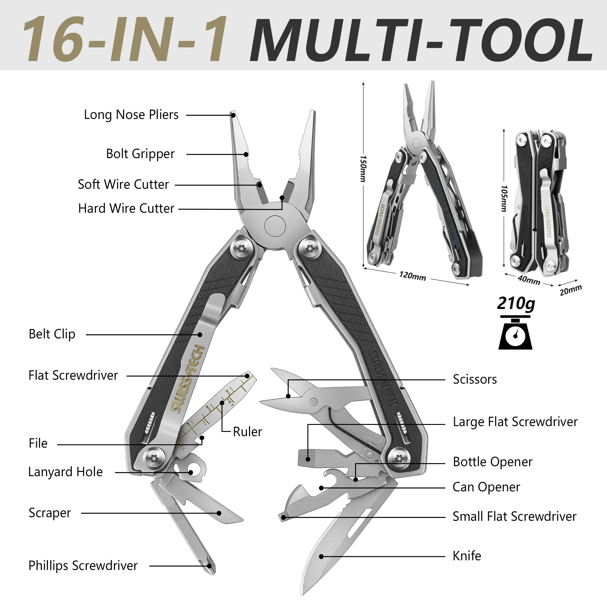 SWISS TECH 16 in 1 Multitool Multi Folding Plier G10 Wire Stripper Outdoor Pocket Mini Portable for Camping New Arrival