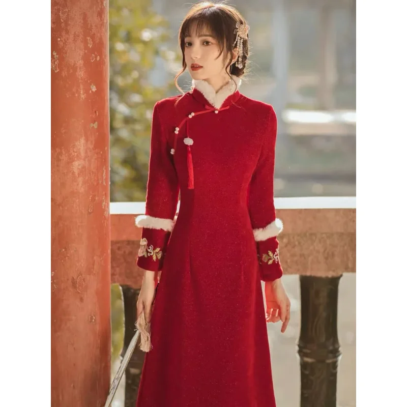 

Свадебное красное платье-ципао для невесты, повседневное, для тостов, зима 2026, нарядное, с плюшем, осень-зима