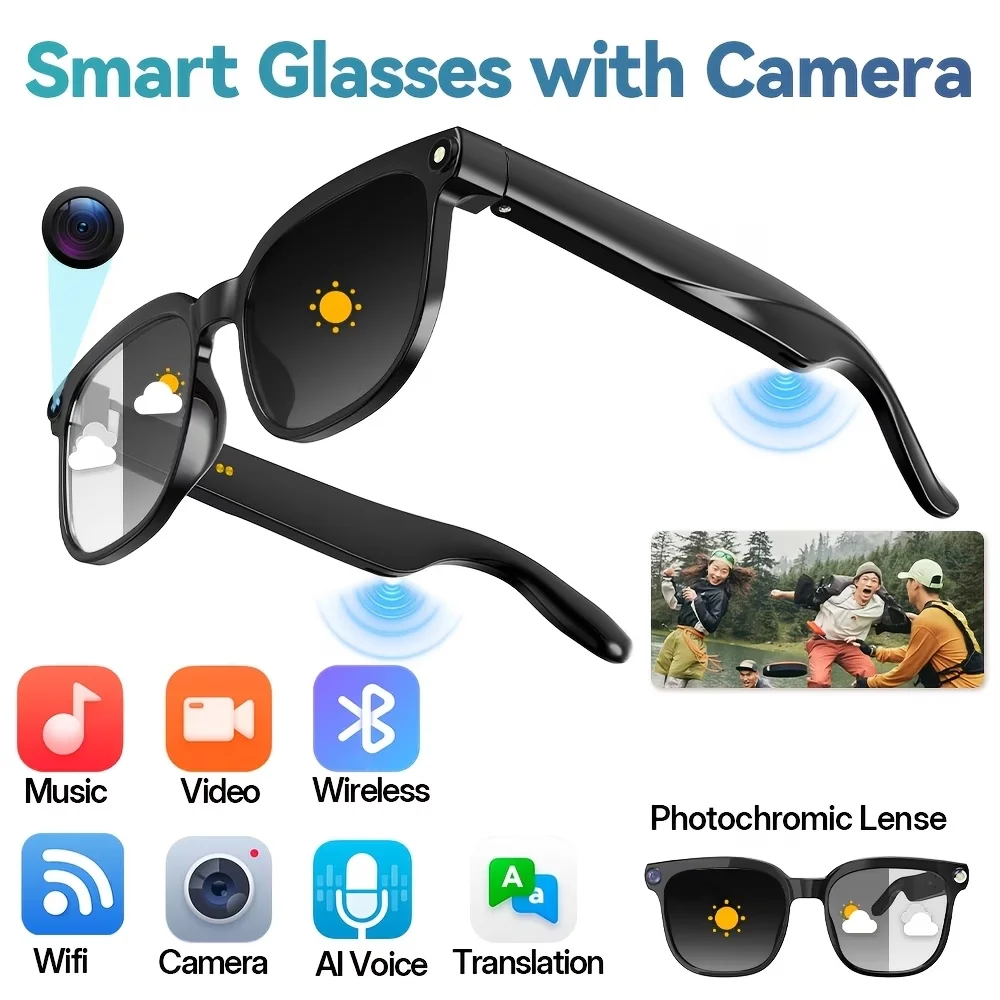 AI Smart Video Glasses, equipped with an 8-megapixel camera, supporting 4K HD video recording, wireless calling and music