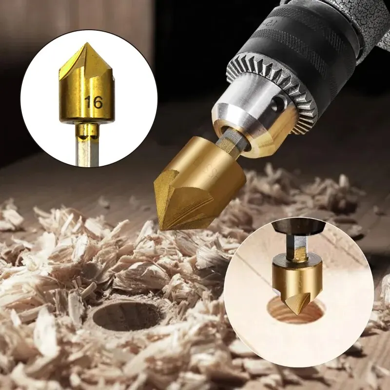 6Pcs Hexagonal Handle Titanium Plated Five Edge Chamfering Knife Countersunk Drill 6-19mm Woodworking Spot Facer Tool Set