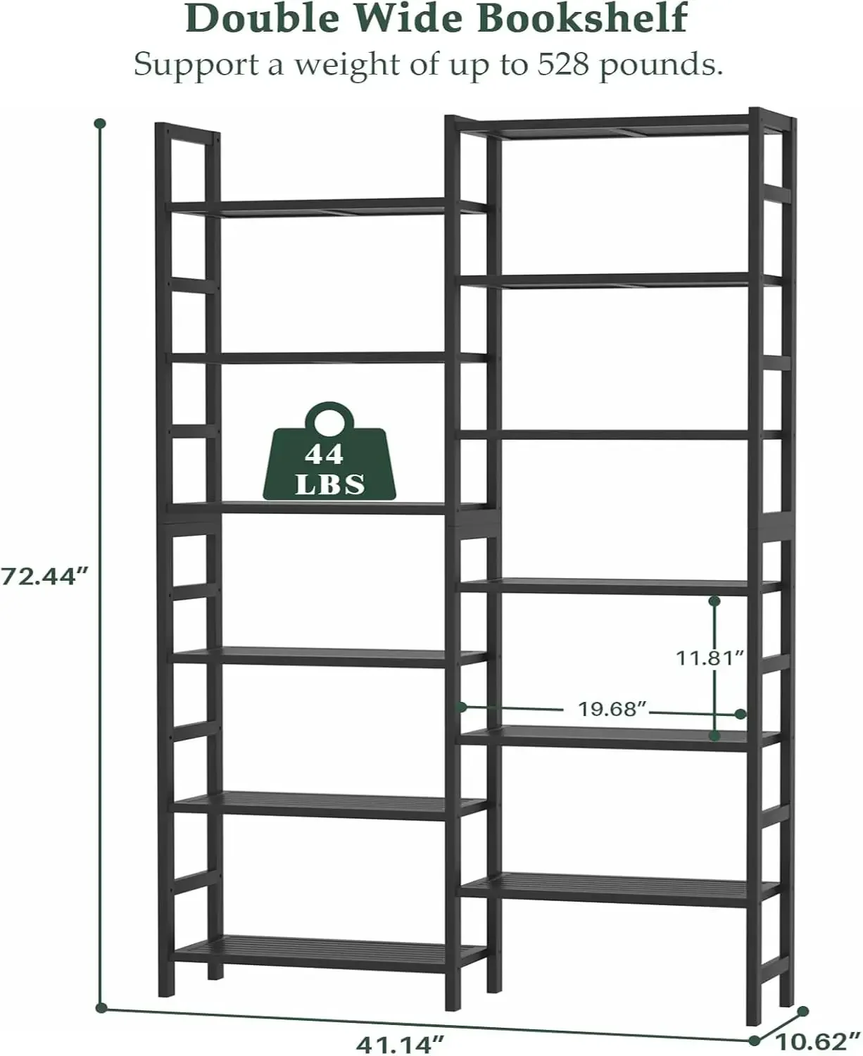 Double Wide Black Bamboo Bookshelf, 6-Tier 6ft Tall Open Bookcase with 12 Display Shelves for Home