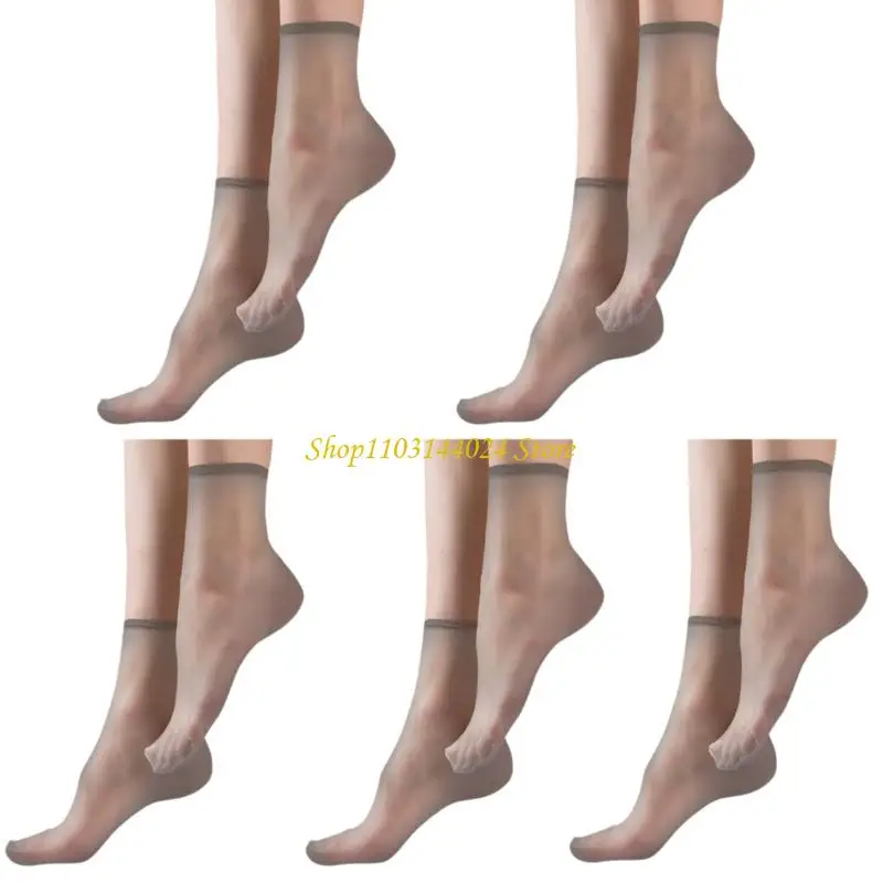 N5KE 5 Pairs Lightweight Silk Nylon Socks for Women Antislip Elastic Cuffs Skin Tone Thin See Through Ankle High Socks